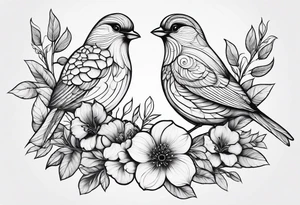 Two birds and flowers, fine line, minimal tattoo idea