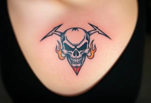 A fierce skull with the iconic Metallica "M" etched into it, surrounded by flames in shades of orange and red, symbolizing the band's fiery intensity. tattoo idea