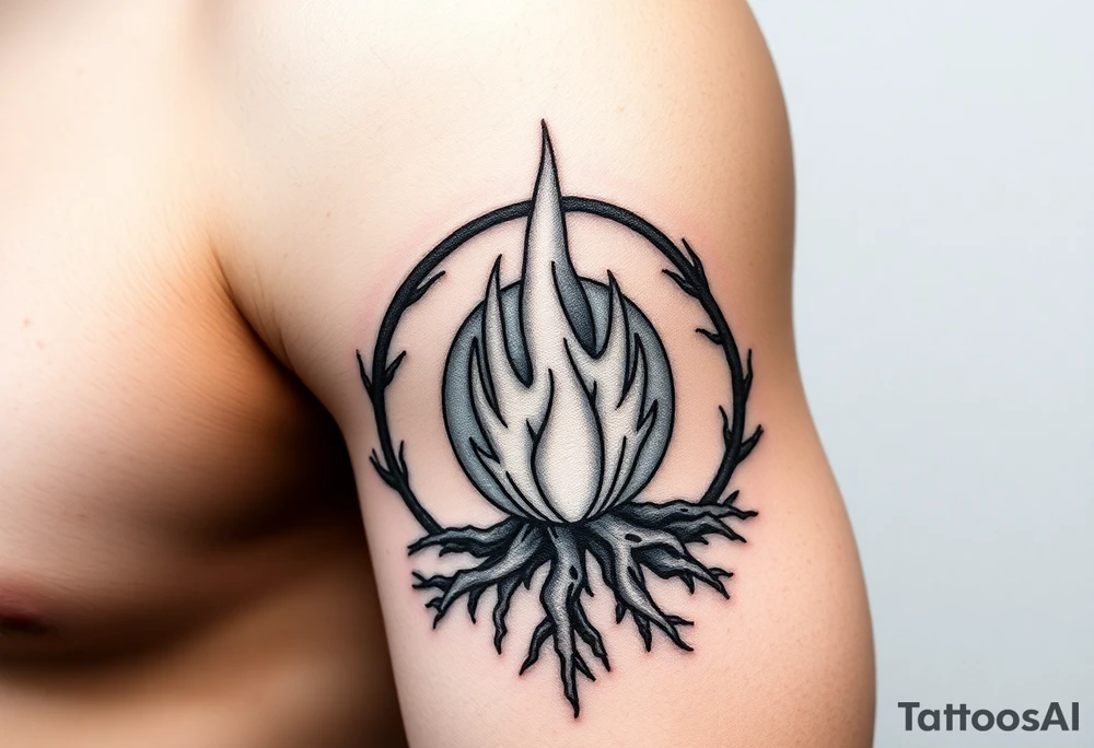 a round flame imprisoned in a roots circle tattoo idea