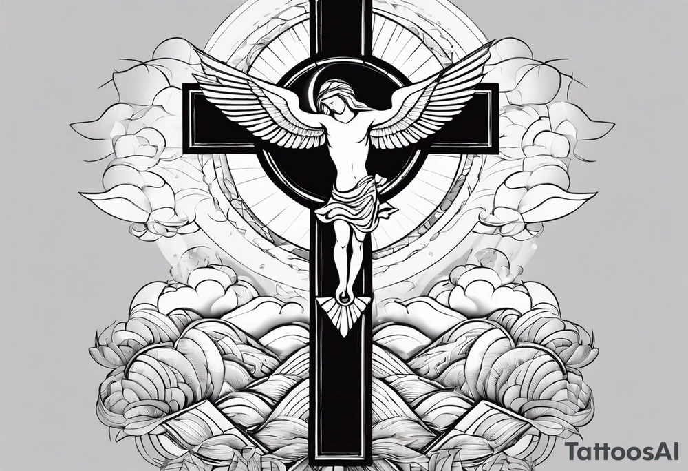 A Cross with doves in the rays of son with 08/21/2024 in Roman numeral starting tattoo idea