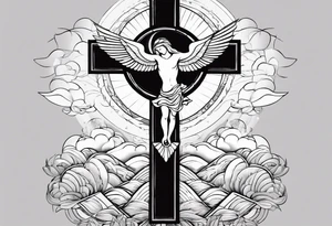 A Cross with doves in the rays of son with 08/21/2024 in Roman numeral starting tattoo idea
