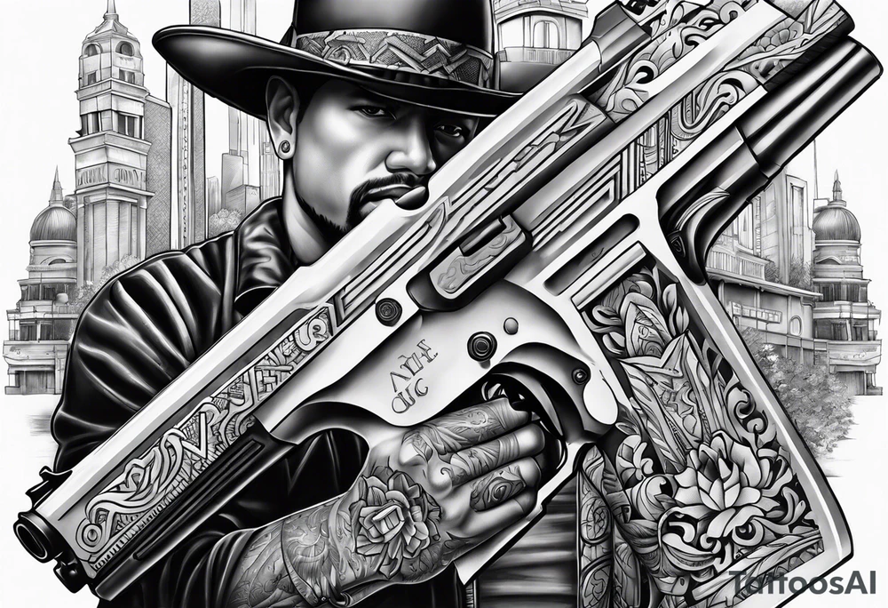 Chicano style 
city gangster guns tattoo idea