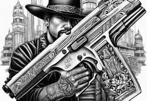 Chicano style 
city gangster guns tattoo idea