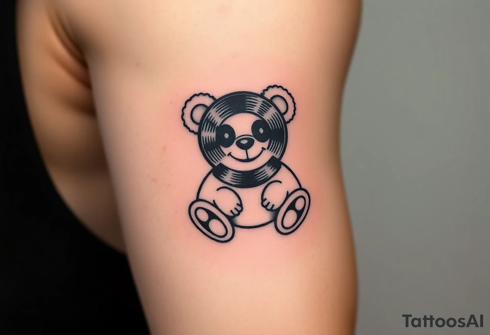 minimalist teddy bear with vinyl records as eyes smiling and sitting on a record tattoo idea