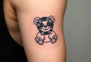 minimalist teddy bear with vinyl records as eyes smiling and sitting on a record tattoo idea