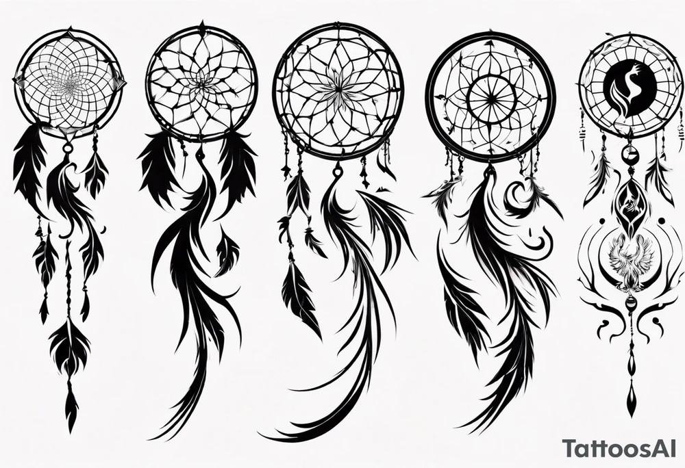 Vertical Phoenix with long abstract dream catcher tail tattoo idea