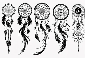 Vertical Phoenix with long abstract dream catcher tail tattoo idea