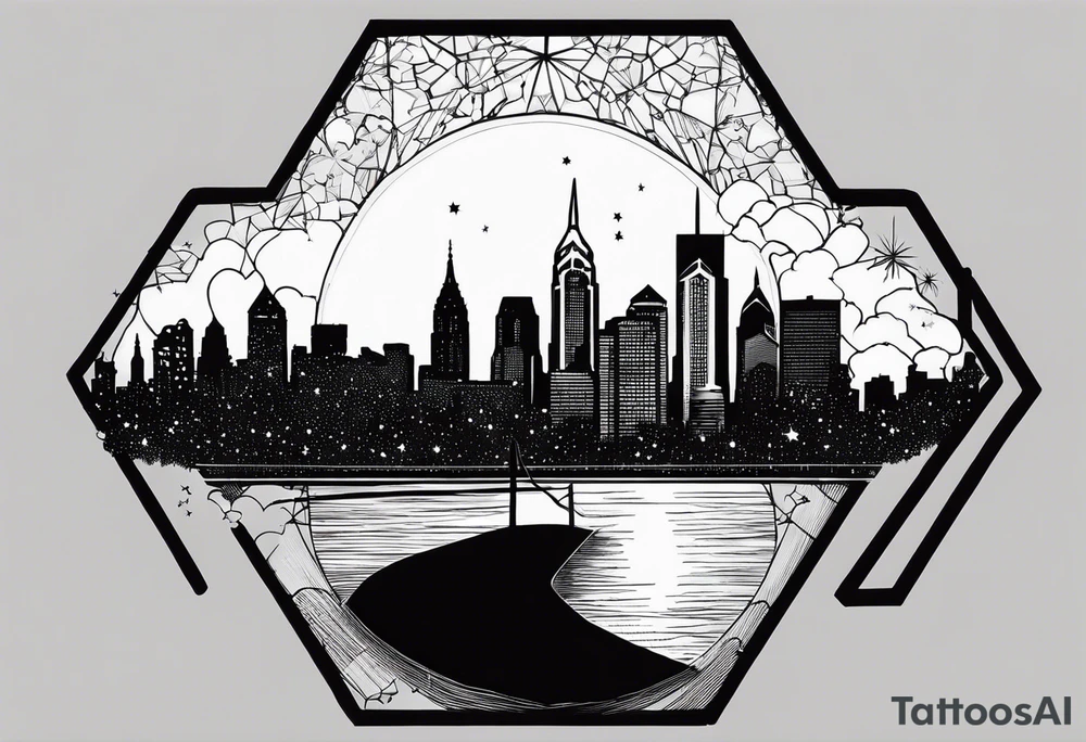 Starry sky with silhouette of Philadelphia skyline. Tattoo is embedded in a hexagonal frame tattoo idea