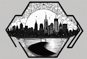 Starry sky with silhouette of Philadelphia skyline. Tattoo is embedded in a hexagonal frame tattoo idea