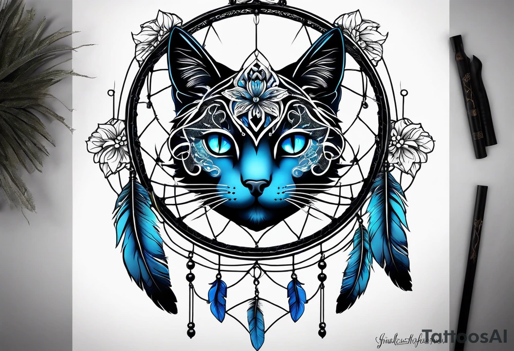 Black cat entwined in a elegant dream catcher that has flowers an long flowing feathers on dream catcher. Black cat eyes in neon blue an small neon blue detail in catcher tattoo idea