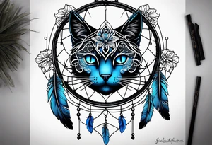 Black cat entwined in a elegant dream catcher that has flowers an long flowing feathers on dream catcher. Black cat eyes in neon blue an small neon blue detail in catcher tattoo idea