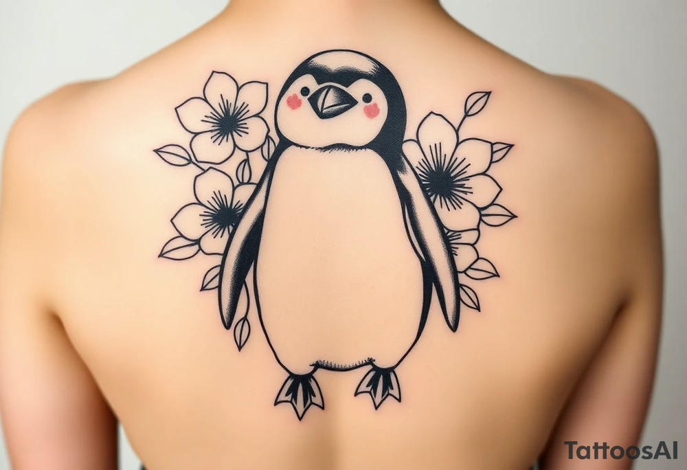 Cute penguin with flowers in the background tattoo idea