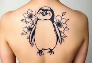Cute penguin with flowers in the background tattoo idea