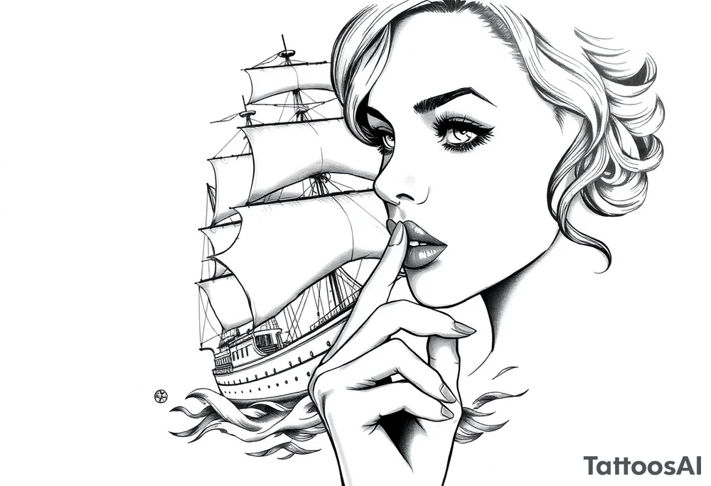 Old school ship and a realistic sexualised woman with her finger to her lips. Must say: Loose lips sink ships tattoo idea