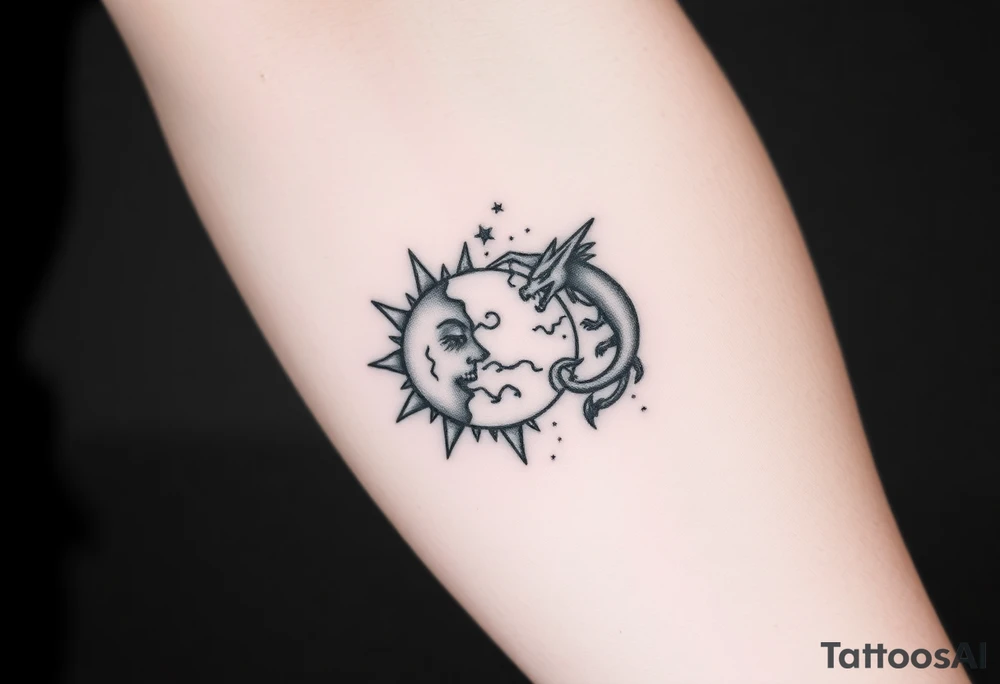 devilish sun and dragon moon in constellation with the earth tattoo idea