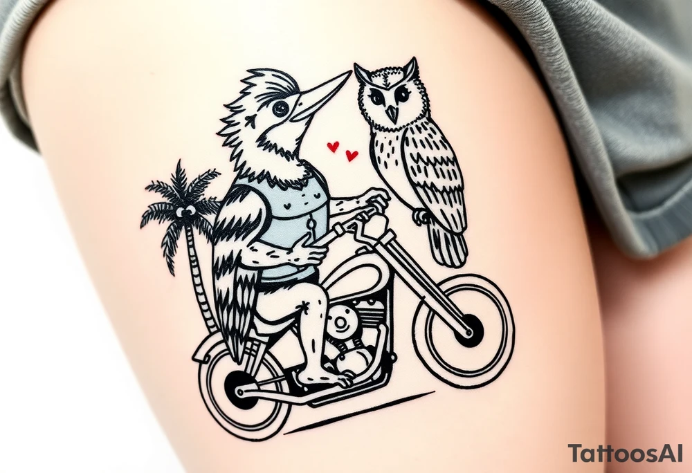 Woody the woodpecker wearing a leather vest that says peckerwoods, on a Harley Davidson under a palm tree, gazing in love at a barn owl tattoo idea