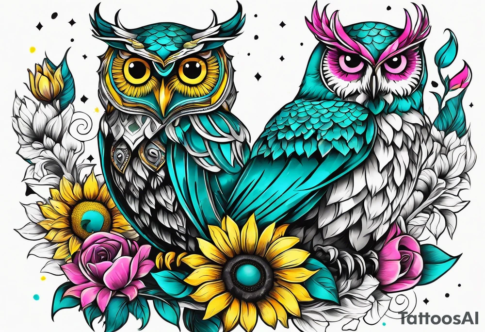 Sleeve with teal, pink and yellow owl and yellow sunflowers tattoo idea