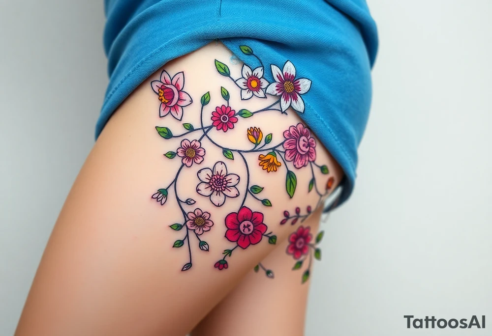 Vine with flowers: daffodil,
Lily, chrysanthemum, rose, aster, narcissus tattoo idea