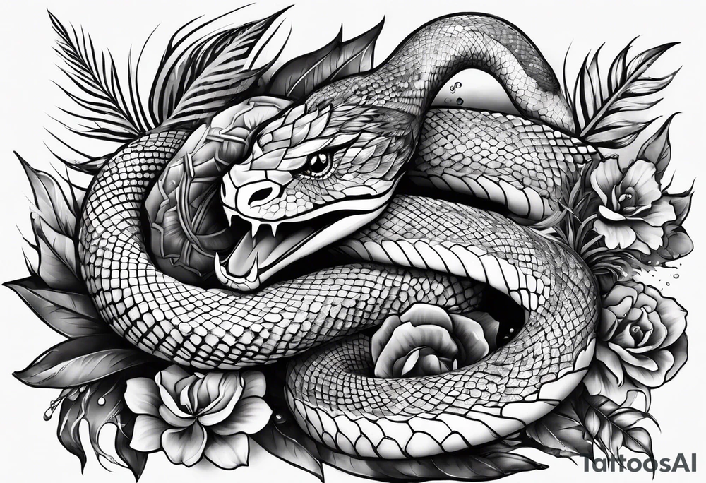 sleeve tattoo with a snake, gun, weed symbol tattoo idea