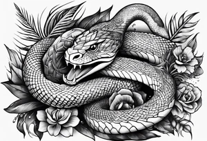 sleeve tattoo with a snake, gun, weed symbol tattoo idea