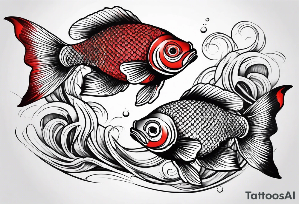 twin coi fish one red one black with waves and lotus flowers tattoo idea