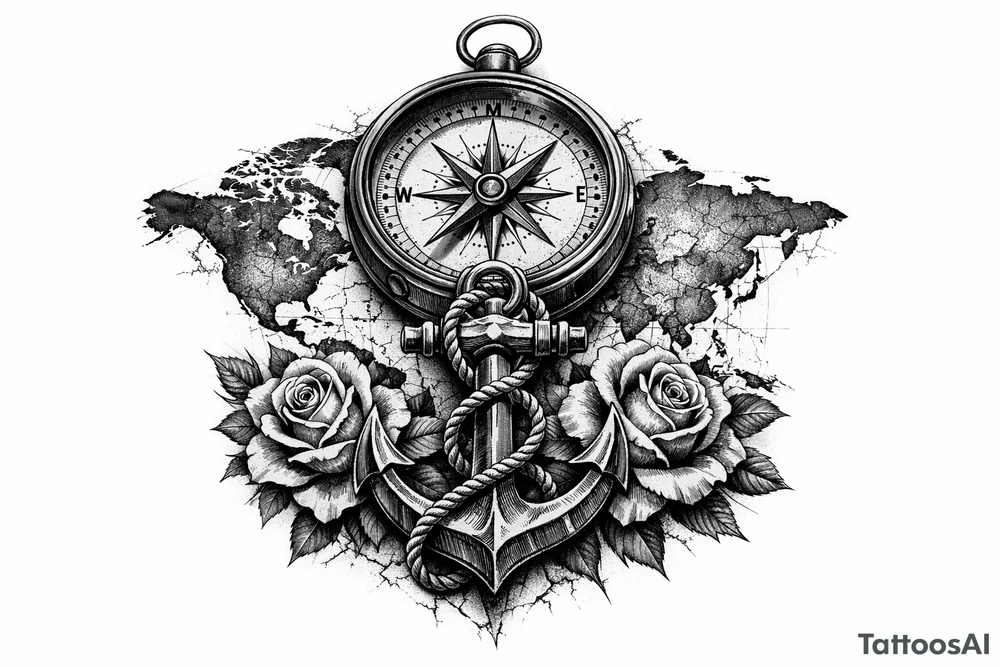 a compass under it an anchor, roses,world map. tattoo idea