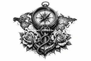 a compass under it an anchor, roses,world map. tattoo idea