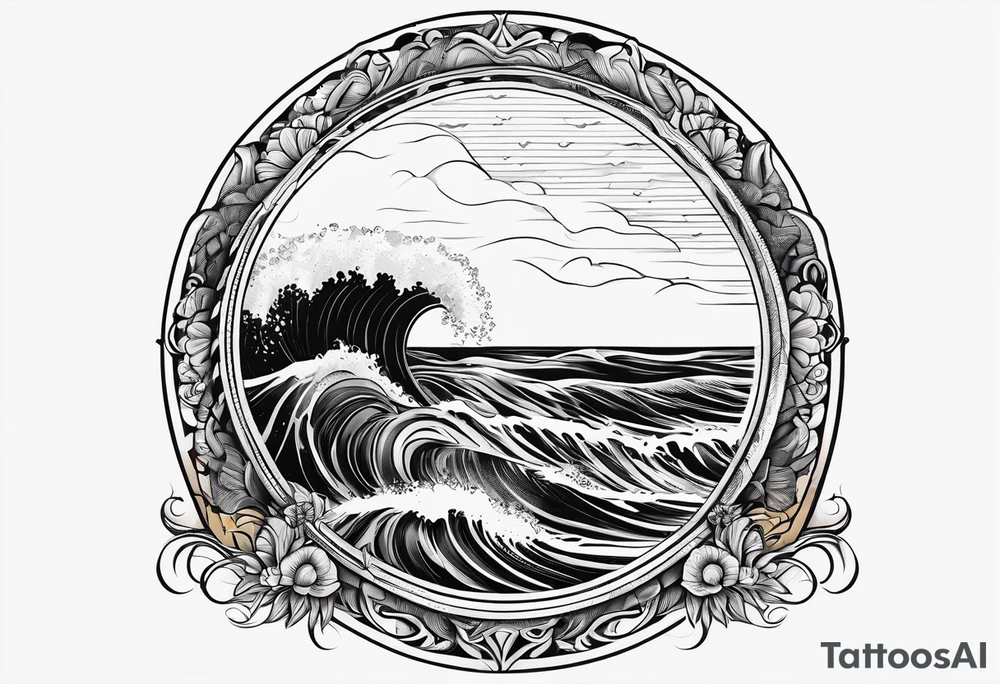 Circular design with coffee mug and ocean wave on mug tattoo idea
