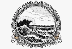 Circular design with coffee mug and ocean wave on mug tattoo idea