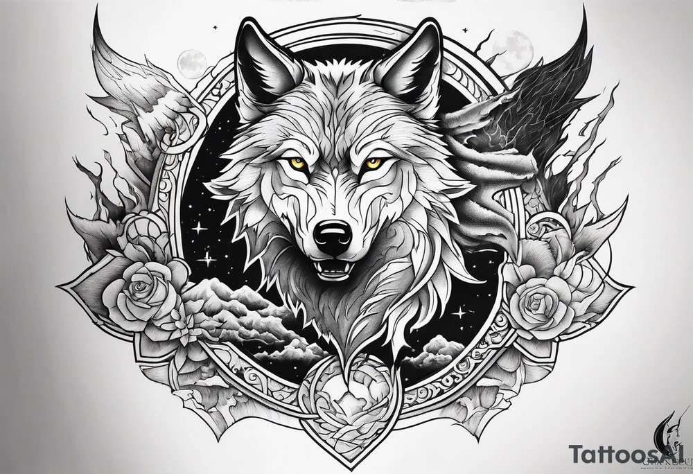 wolf with a dragon above the wolf and lightning and the moon in the background tattoo idea