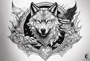 wolf with a dragon above the wolf and lightning and the moon in the background tattoo idea