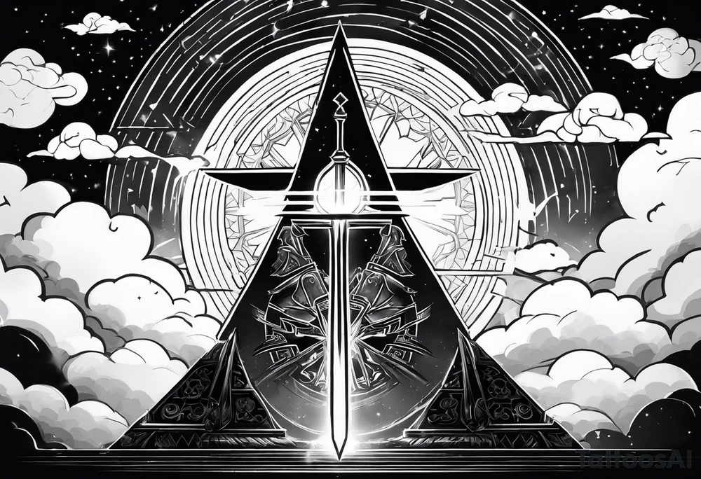 The Master Sword from The Legend Of Zeld stuck into the Triforce with Triforce radiating beams of light with the akatsuki clouds behind it all. tattoo idea