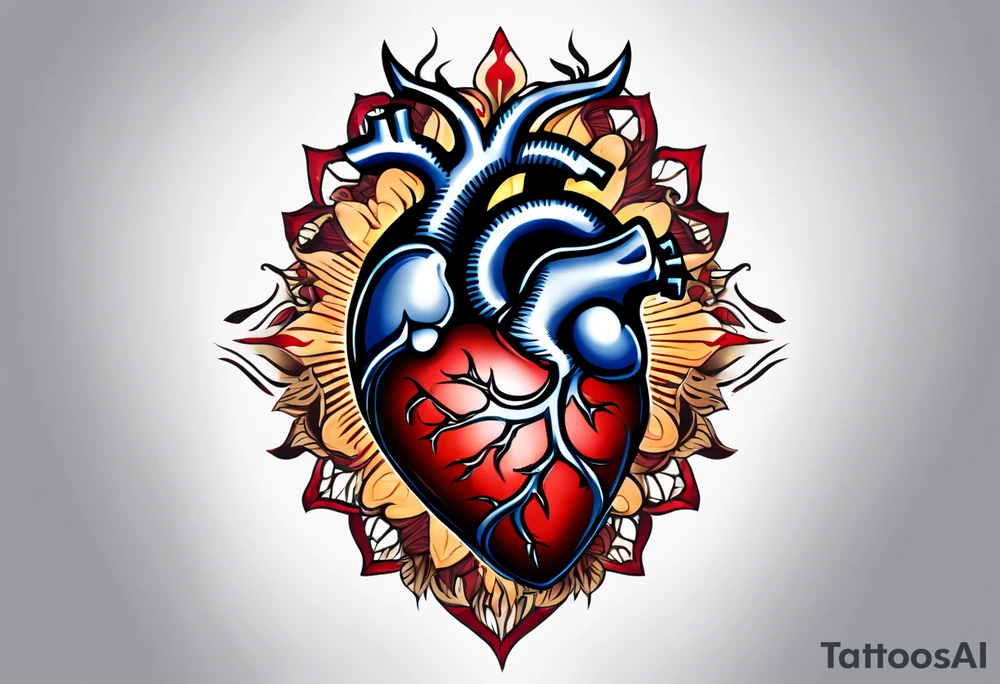 A detailed tattoo design featuring a realistic anatomical heart with a prominent scar running diagonally behind it, symbolizing resilience and healing. Inside the heart, there is an infinity symbol, representing eternal love and strength. To the left of the heart, a radiant sun shines with stylized rays, symbolizing positivity and vitality. To the right of the heart, a crescent moon balances the composition, representing calmness and introspection.

The overall design should be elegant and symbolic, with clean, modern lines, black and gray shading, and subtle textures for depth. The sun and moon should harmonize with the heart while maintaining a balanced and cohesive aesthetic. tattoo idea