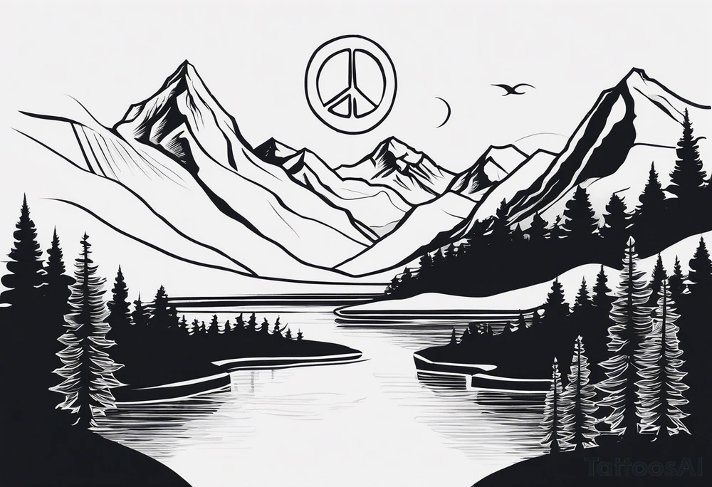Mountain scene with a river with a subtle peace sign. Use IT IS WELL written in the scene tattoo idea