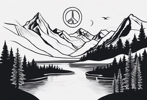 Mountain scene with a river with a subtle peace sign. Use IT IS WELL written in the scene tattoo idea