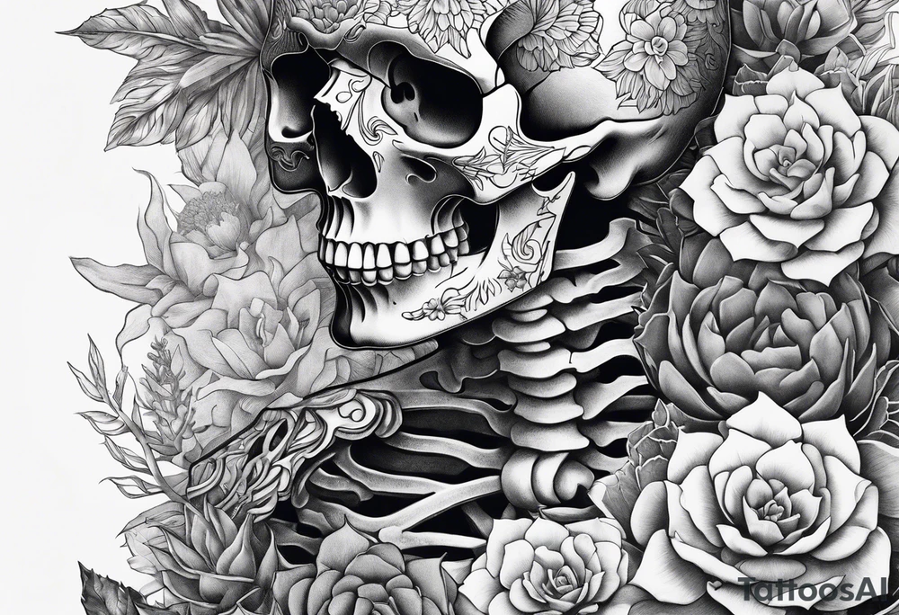 A full skeleton as a statue, surrounded by succulents tattoo idea