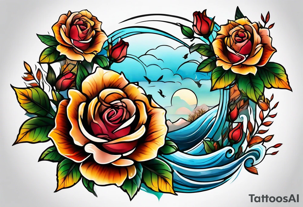 thigh tattoo with fall colors showing, flowers, roses, water flow, and sky tattoo idea