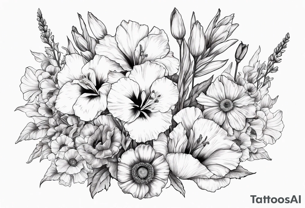 Gladiolus, Poppy, Daisy, Sweet Pea floral tattoo idea