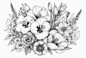 Gladiolus, Poppy, Daisy, Sweet Pea floral tattoo idea