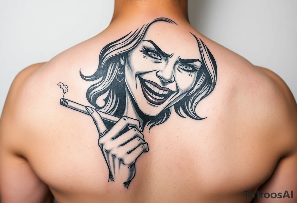 Evil smiling woman holding a cigarette tattoo idea