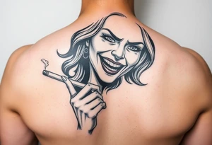 Evil smiling woman holding a cigarette tattoo idea