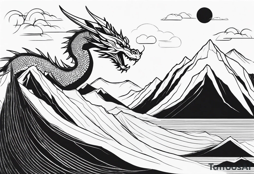 A large open book. a dragon with scales and four legs flying high in the sky. three mountains tattoo idea