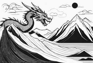A large open book. a dragon with scales and four legs flying high in the sky. three mountains tattoo idea