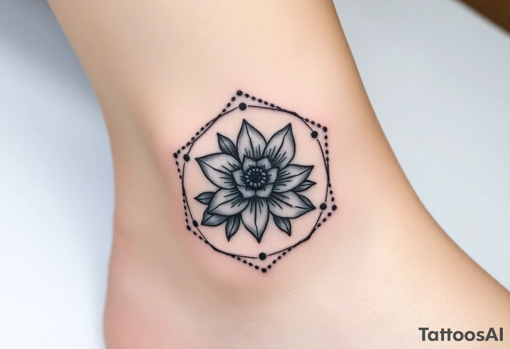 Hexagon with a Leo larkspur and water lilies in the center tattoo idea
