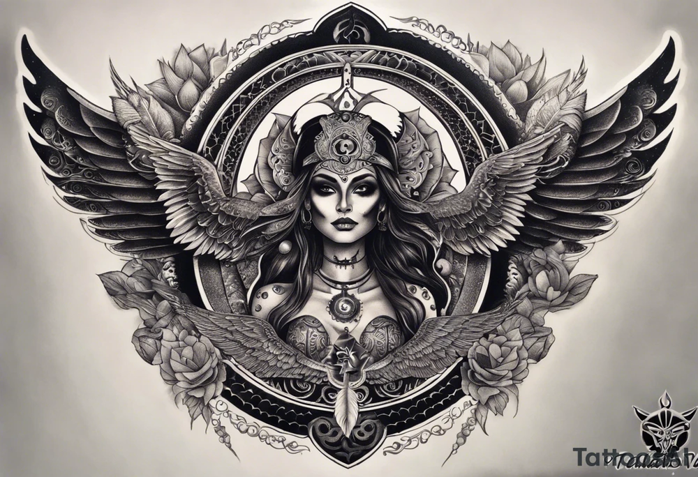 black kali, goddess pirate, alien, angel, pachamama, valkrye, warrior, flying, skull, lotus azul, wing, eagle, zenza resonance, stars, 5D, anahata chakra, death, durga, riding on a tiger, flying lady, kundalini, chest tatoo, rebel tattoo idea