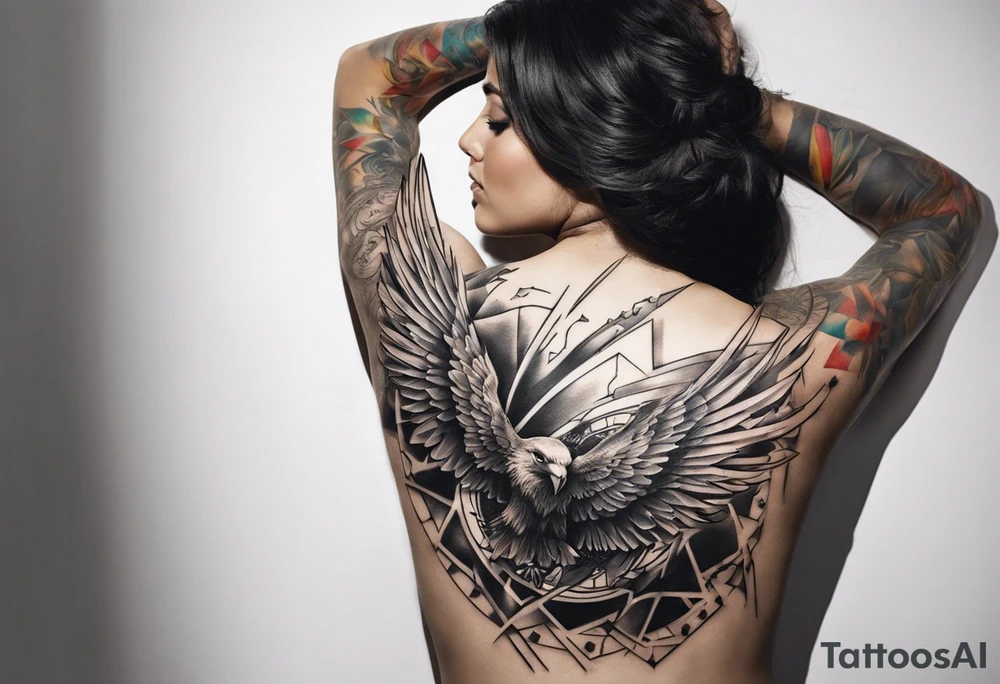 Wide tattoo that appears to be bursting out of the skin, symbolizing freedom. The tattoo should be vibrant and dynamic, with bold lines and colors that evoke a sense of liberation and empowerment. Consider incorporating elements such as broken chains, or other symbols of freedom. The tattoo should be visually striking and thought-provoking. tattoo idea