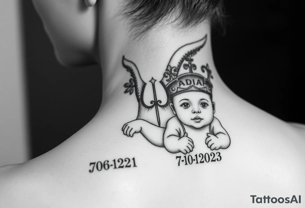 powerful beautiful realistic Women Angel with 2 baby boys one slightly older then the other  both boys wearki g king crowns with the names JOSIAH  and under name JOSIAH  romen numerals 7-06-2021 & the other younger baby in his crown saying ADIAN and under his name 3-10-2023 in roman numerals tattoo idea