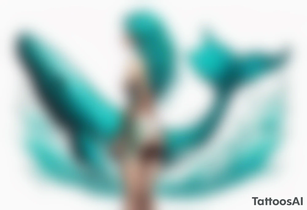 a tall woman made of water with turquoise hair standing on the back of a whale tattoo idea
