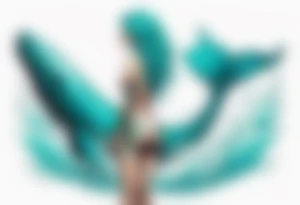 a tall woman made of water with turquoise hair standing on the back of a whale tattoo idea