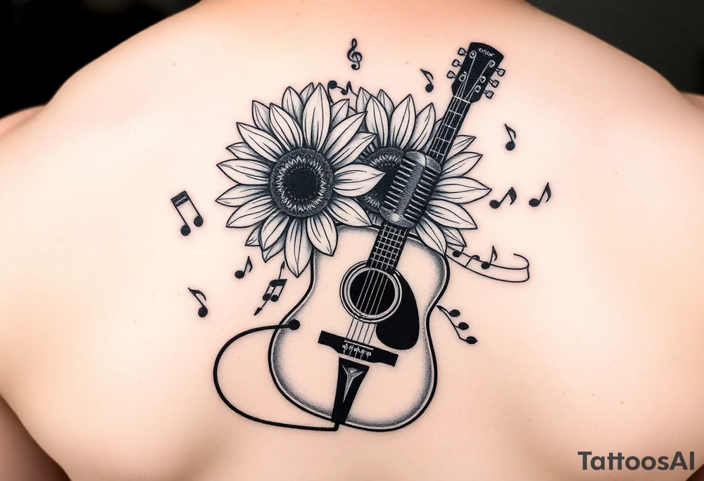 sunflower with guitar angling behind with music notes flowing through with a
 microphone tattoo idea